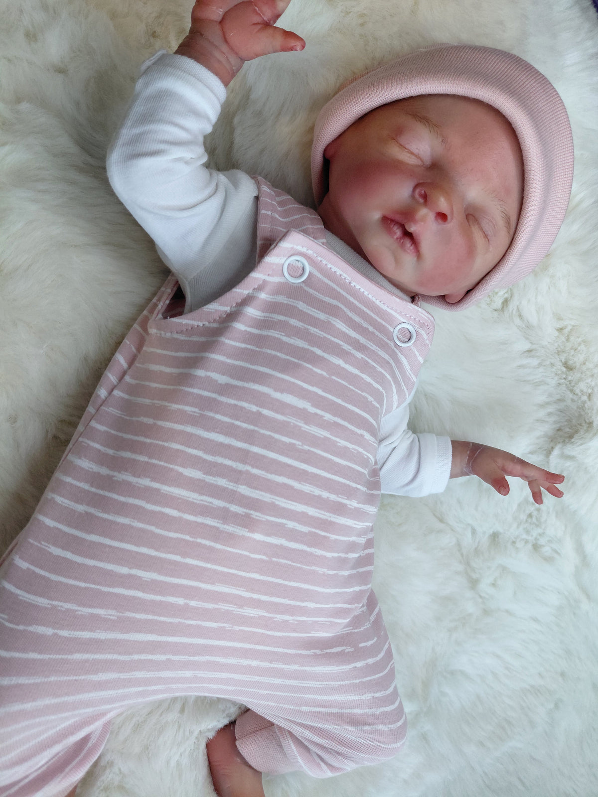 14-15inch Baby pink stripe Dungarees & Beanie