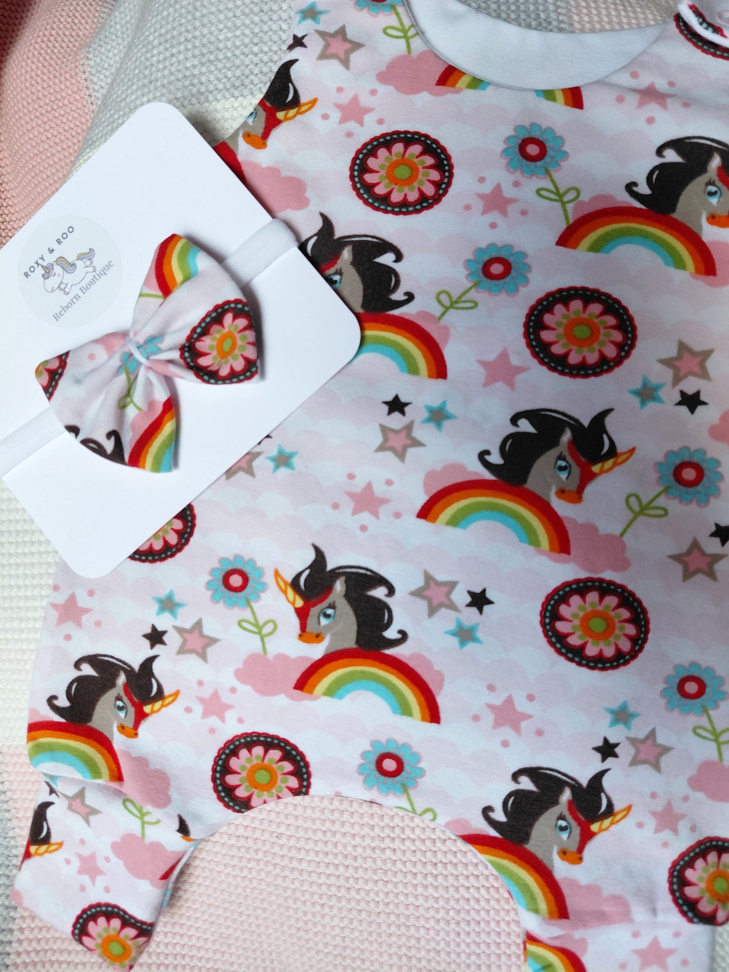 16-17inch Unicorn hareem romper & bow