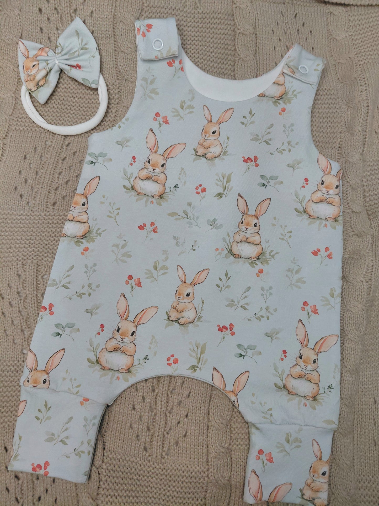 18-19inch Preemie Mint bunny Hareem Romper & hairbow
