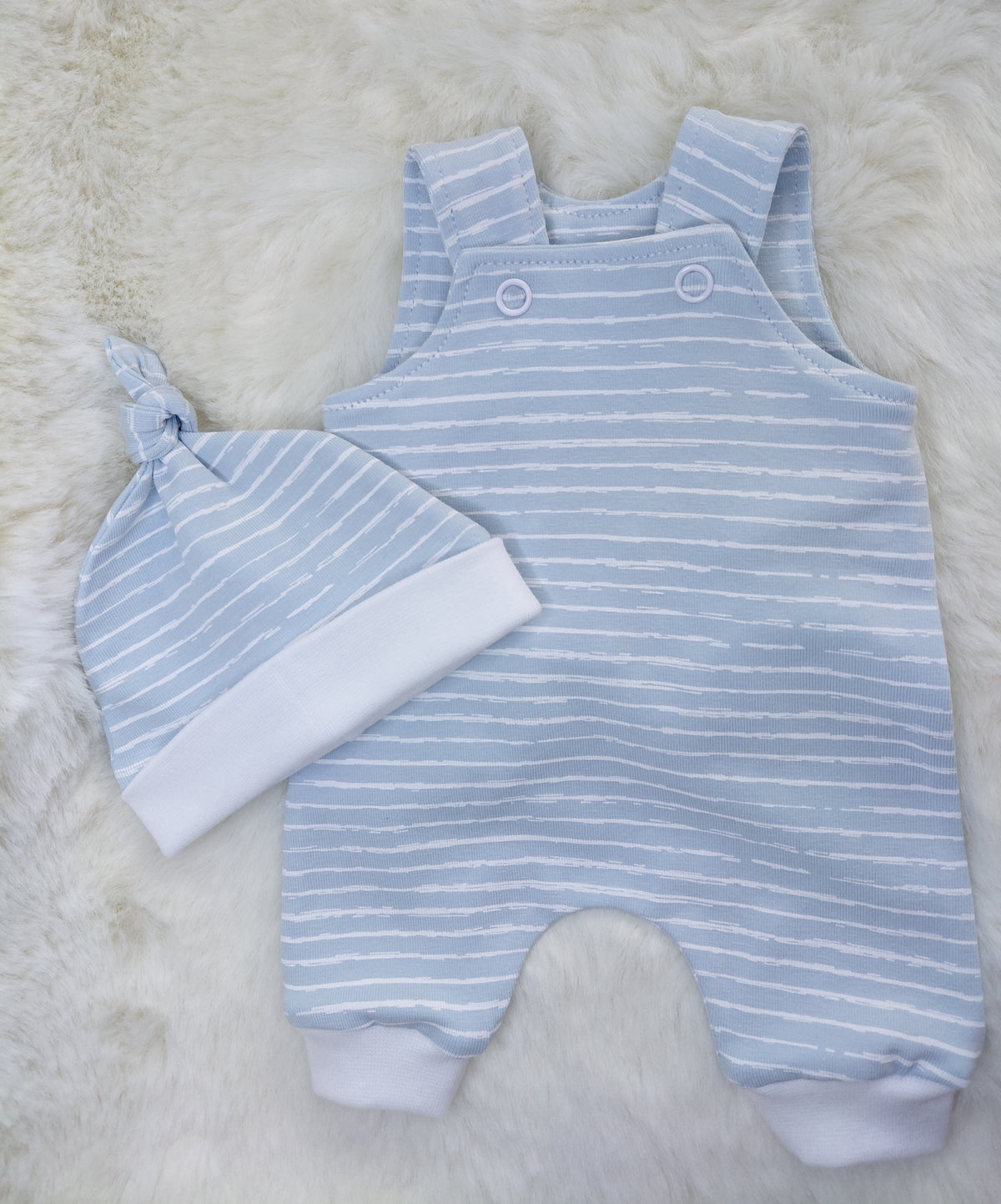 14-15inch Baby blue stripe Dungarees & Beanie
