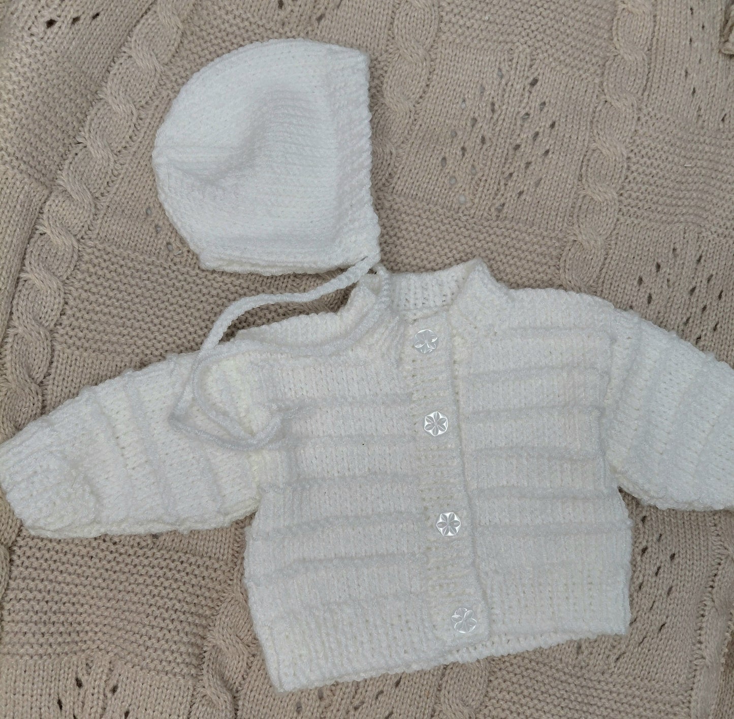 Handknitted cardigan and bonnet to fit a 15-16inch