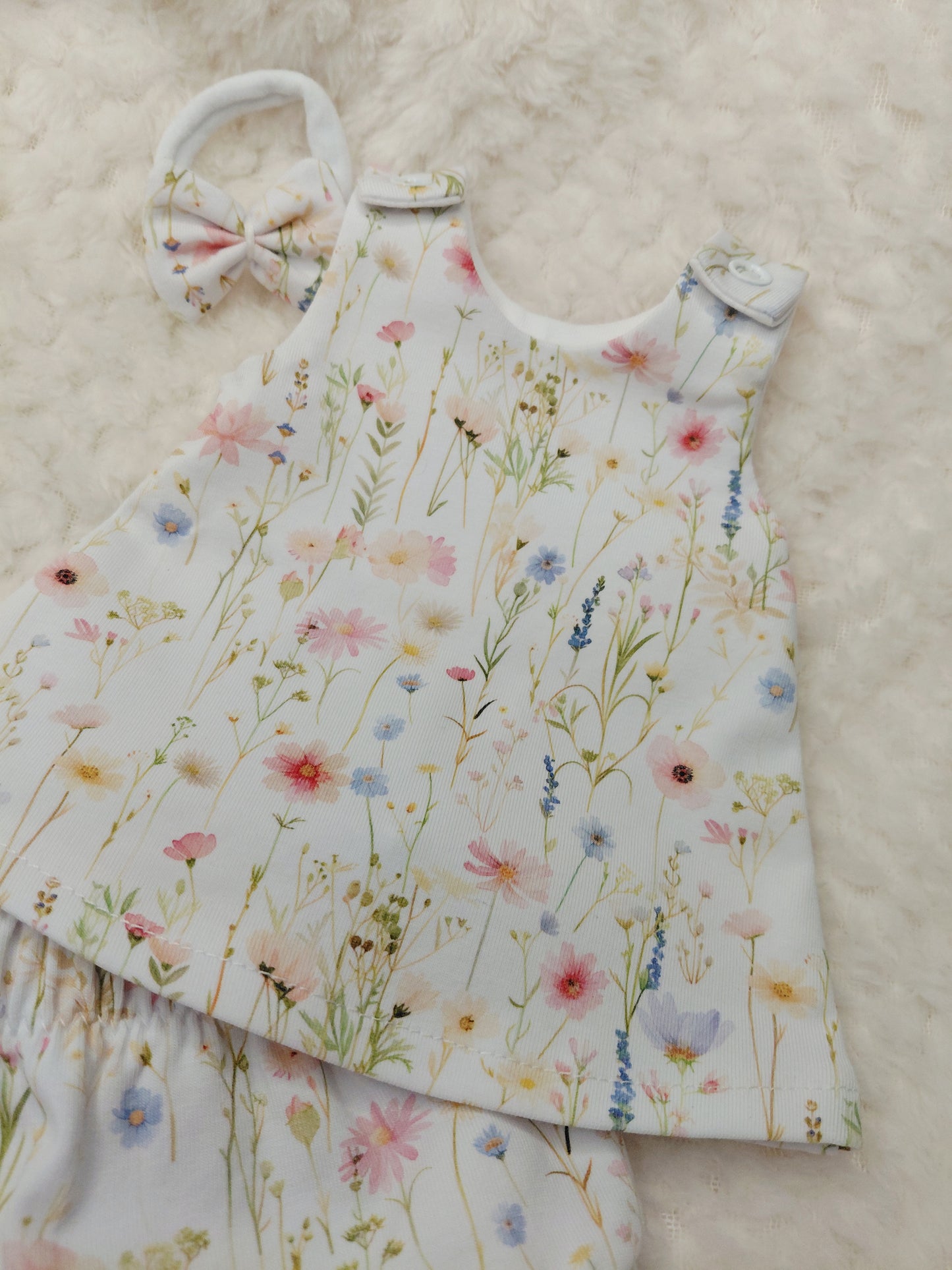 12-13inch floral Pinafore Dress, pants & bow set