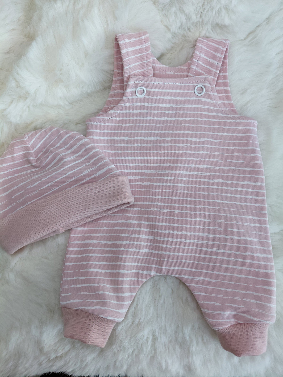 14-15inch Baby pink stripe Dungarees & Beanie