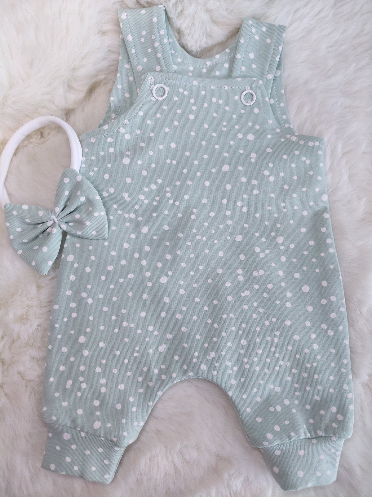 14-15inch Mint spot Dungarees & Bow