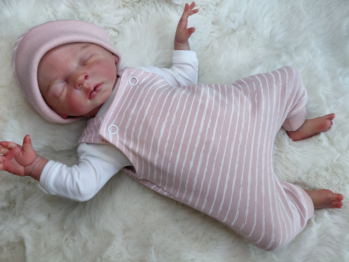 14-15inch Baby pink stripe Dungarees & Beanie