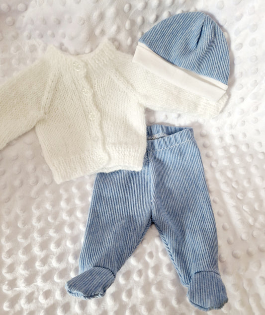 16-17inch footed leggings, beanie & cardigan set