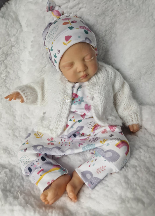 12inch hareem Romper, hat & cardigan set