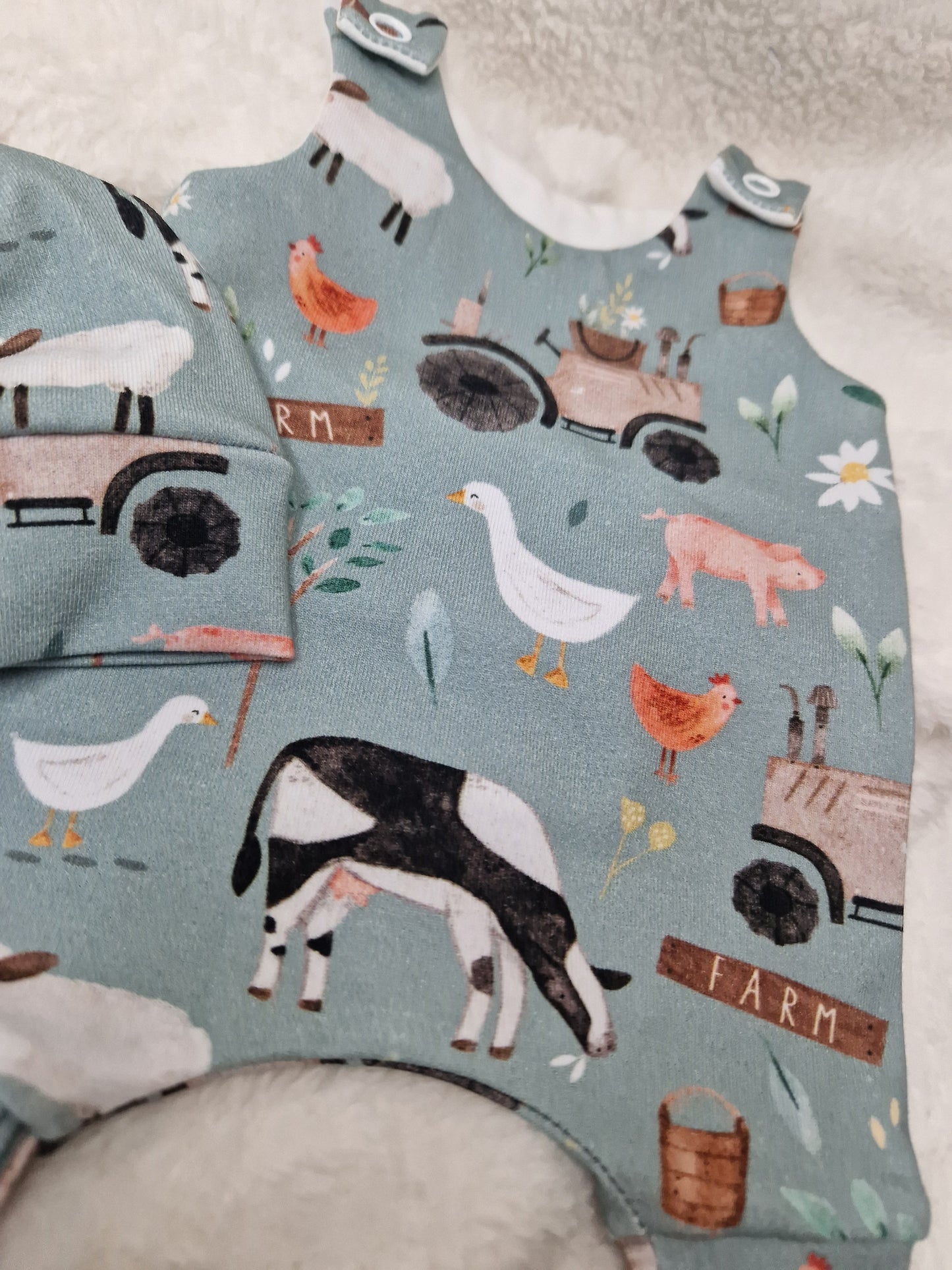 12-13inch farmyard hareem Romper & beanie