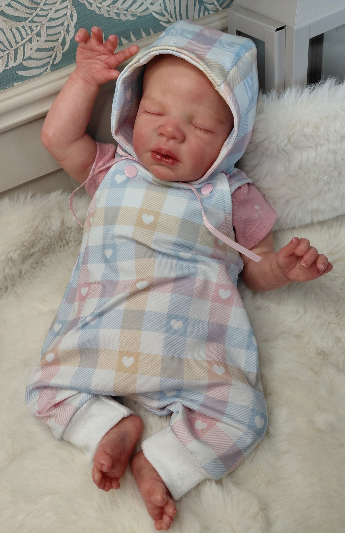 16-17 inch Pastel plaid Dungarees & Bonnet