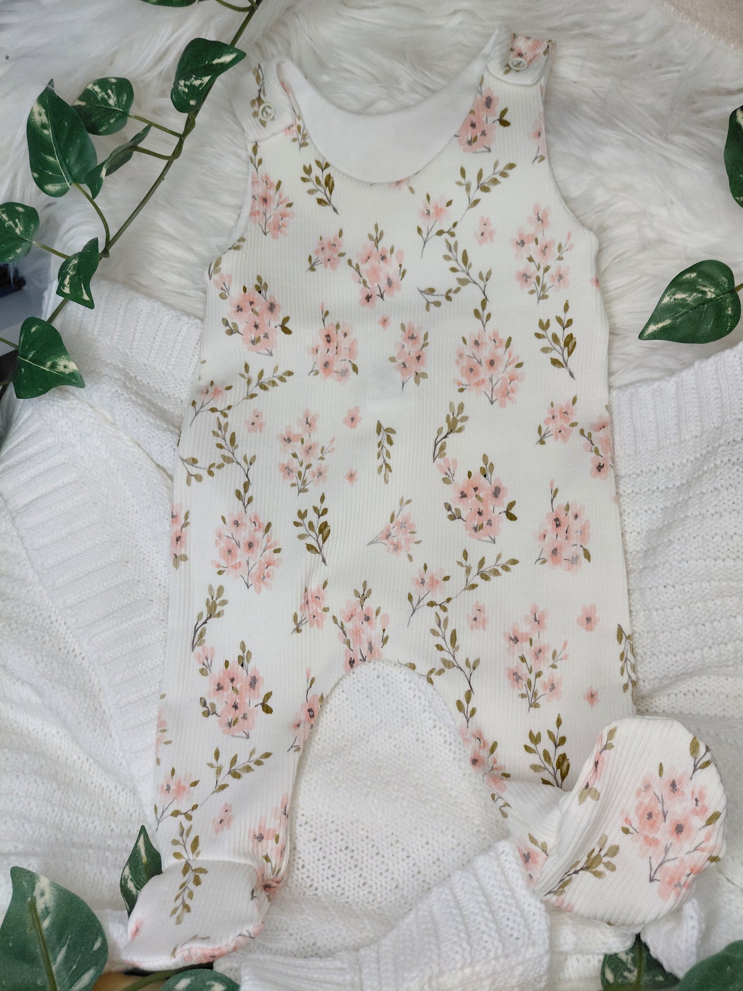 18-19inch Preemie Floral ribbed footed Romper