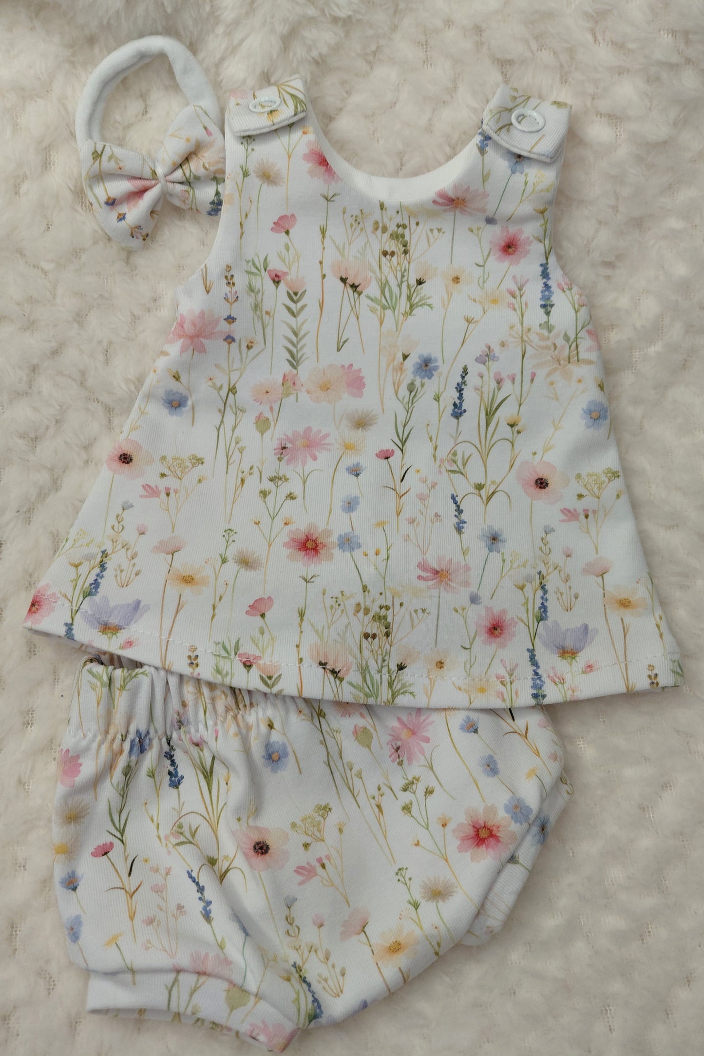 12-13inch floral Pinafore Dress, pants & bow set