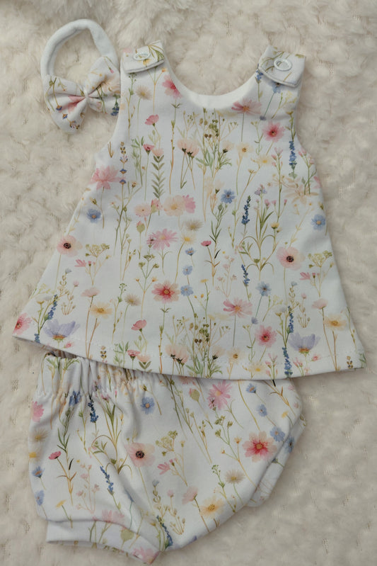 12-13inch floral Pinafore Dress, pants & bow set