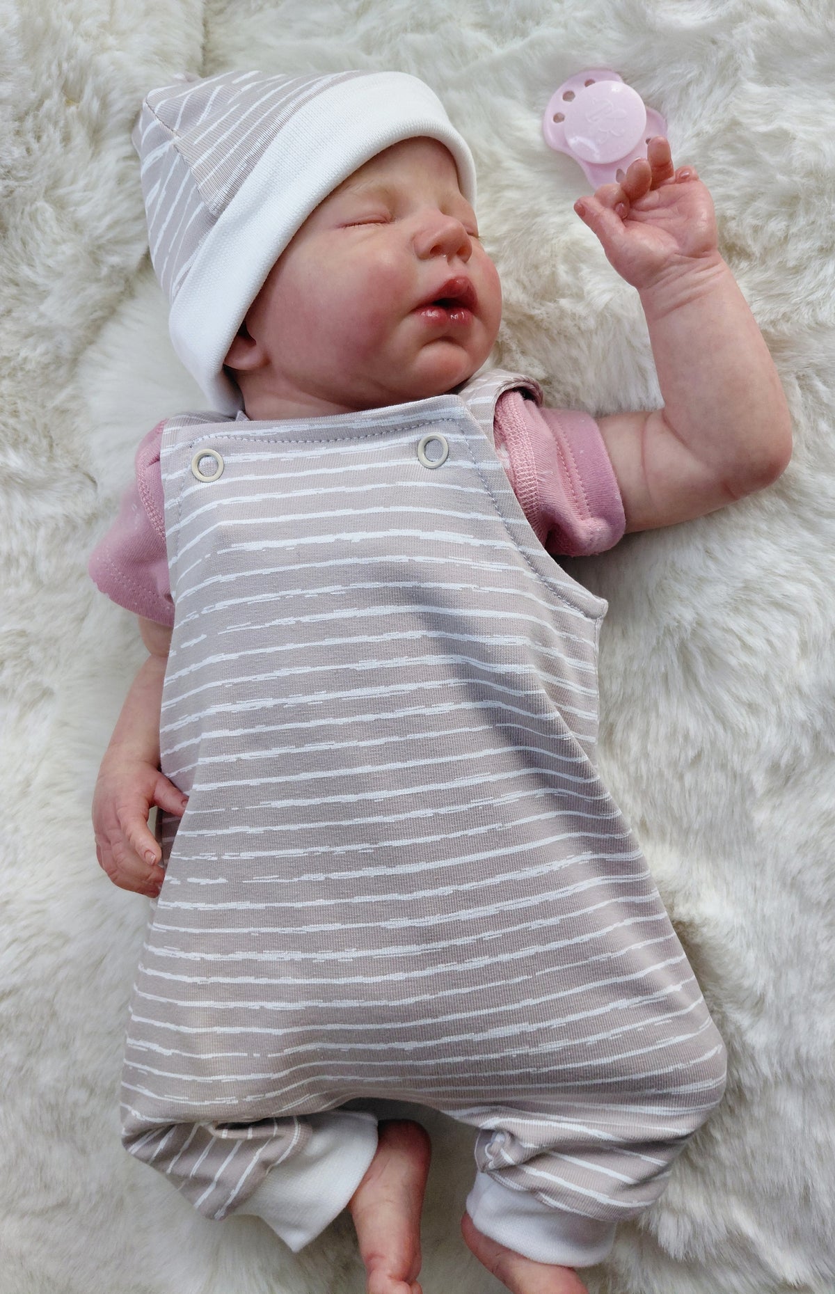 16-17 inch Mocha stripe Dungarees & Beanie