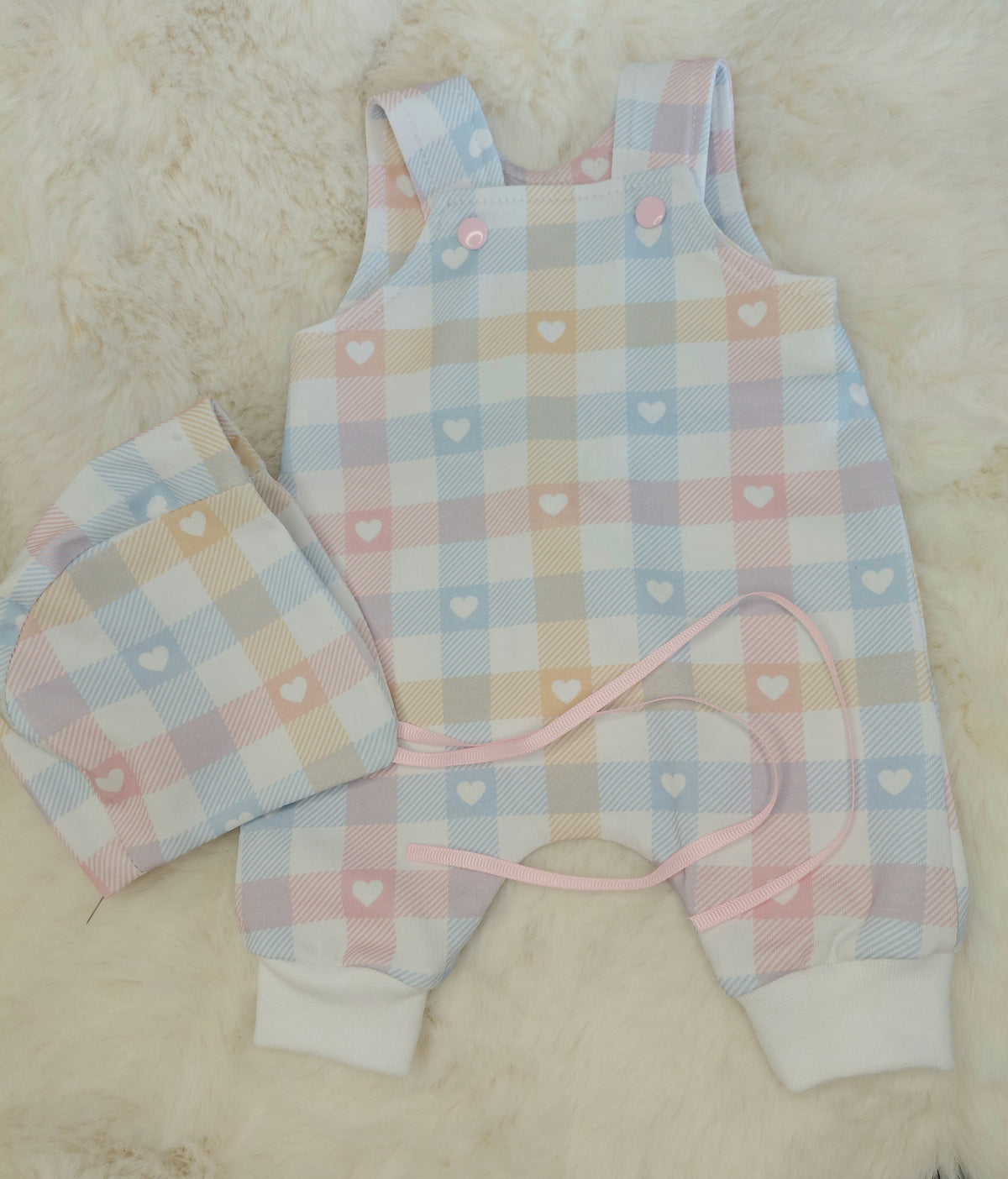 16-17 inch Pastel plaid Dungarees & Bonnet