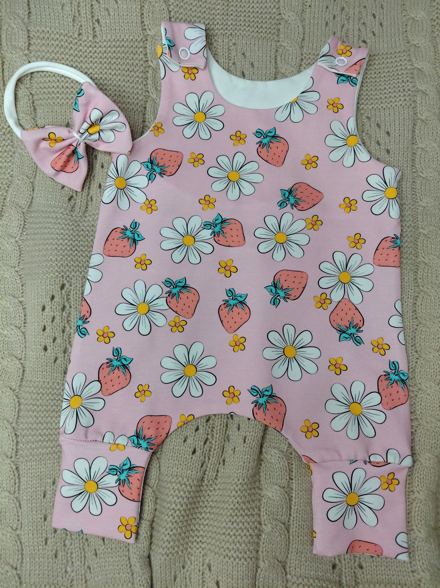 14-15inch Strawberries Hareem Romper and headband