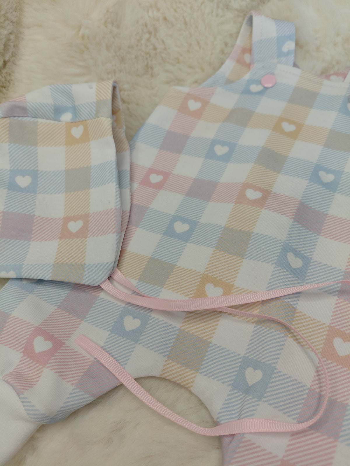16-17 inch Pastel plaid Dungarees & Bonnet
