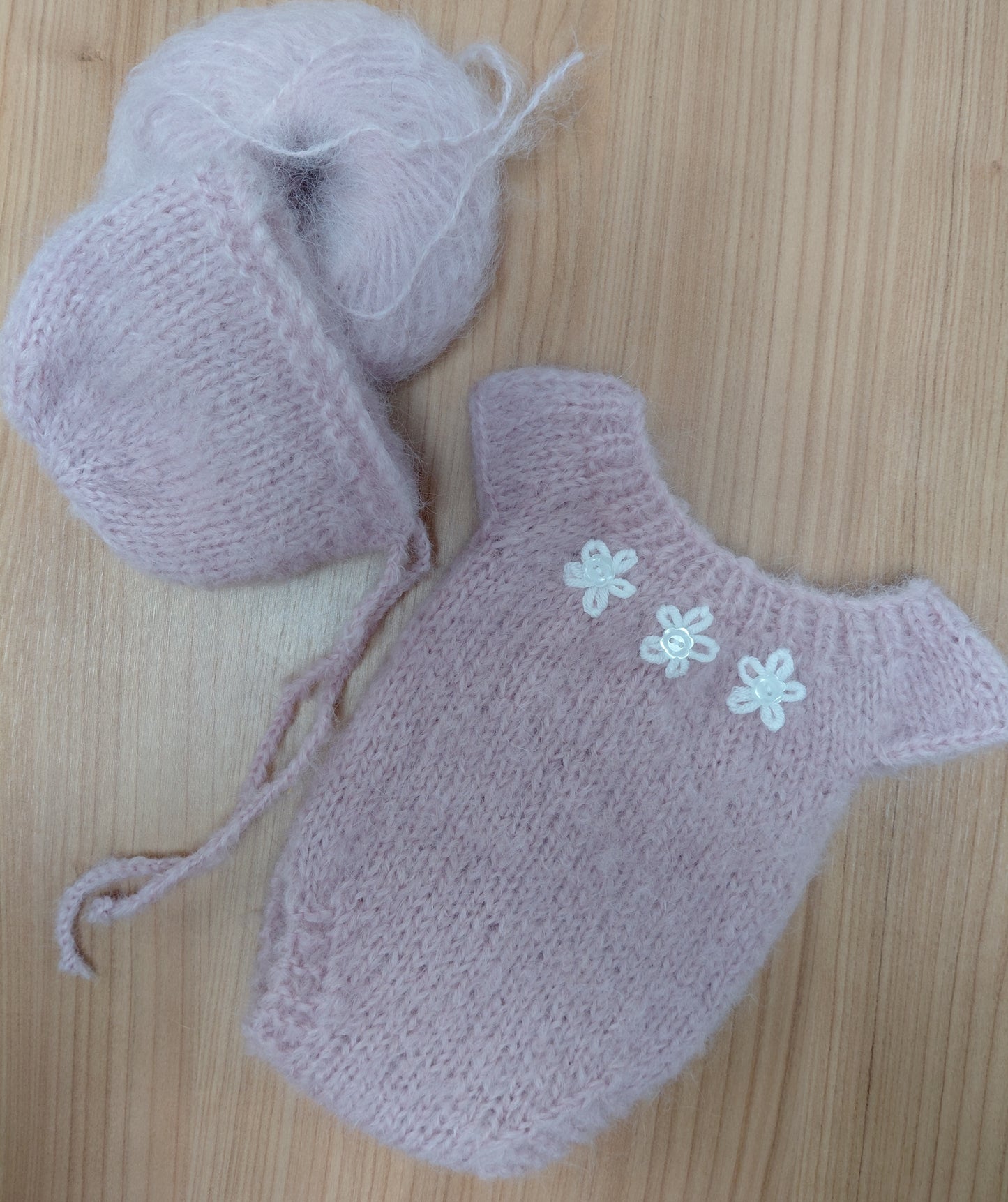 16-17inch- Handknitted Brushed Alpaca photo prop romper set.