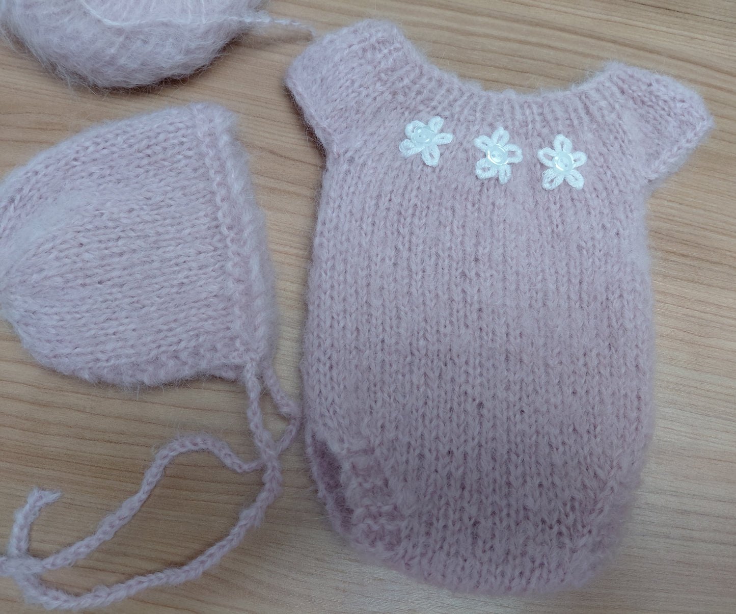 16-17inch- Handknitted Brushed Alpaca photo prop romper set.