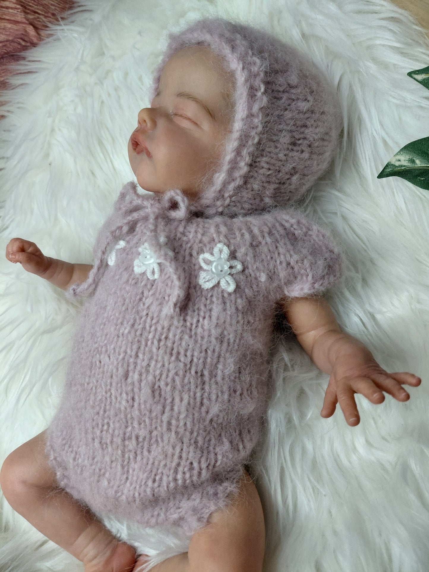 16-17inch- Handknitted Brushed Alpaca photo prop romper set.