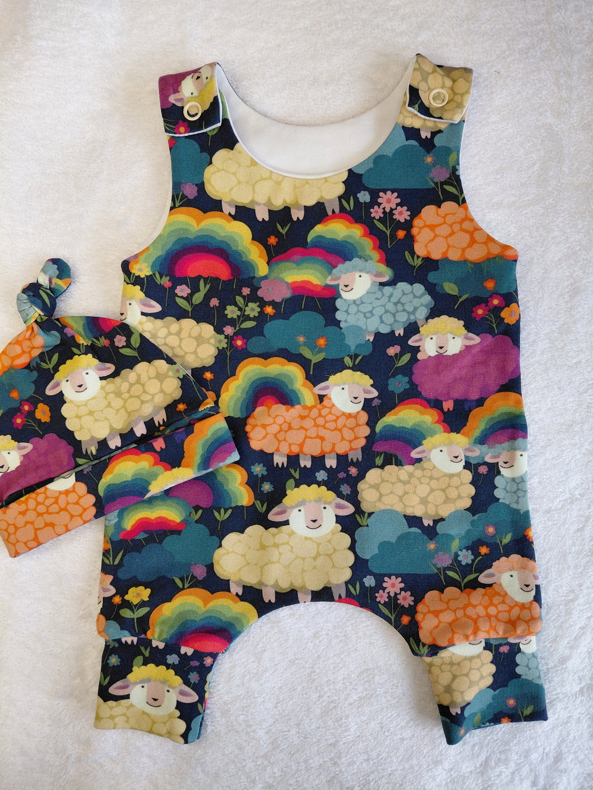 16-17 inch Rainbow sheep Hareem Romper & beanie