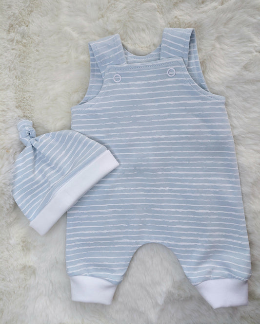 16-17 inch Baby Blue stripe Dungarees & Beanie